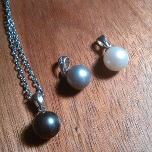 Various Color Pearl Sterling Silver Three Pendant Set Stainless Steel Necklace